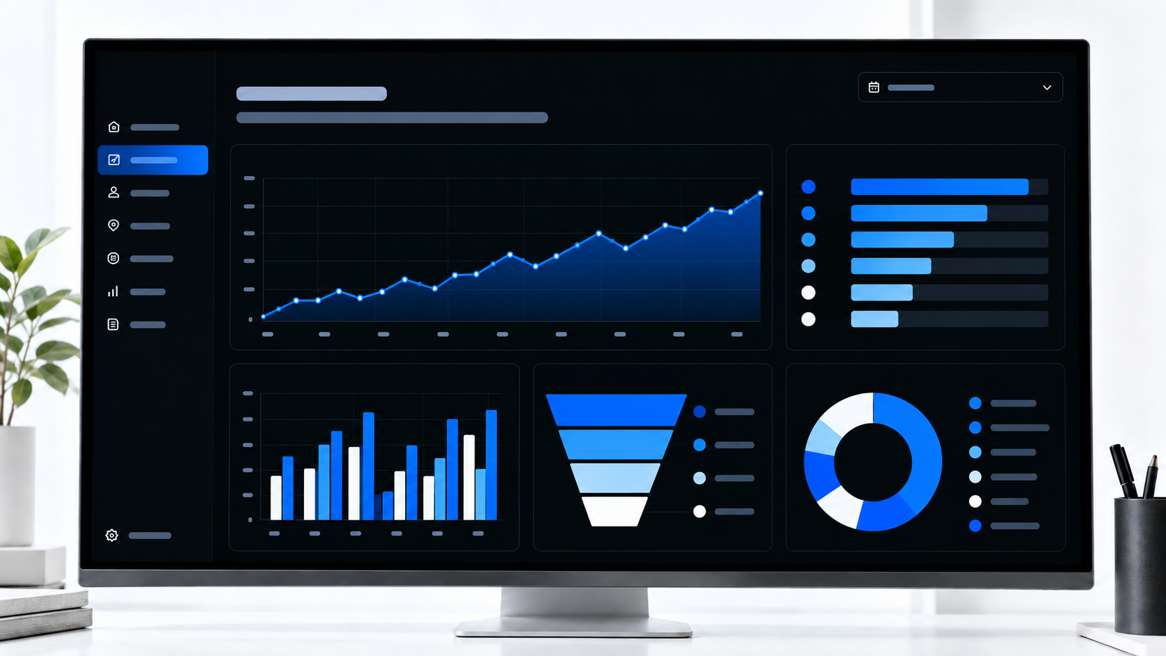 Dashboard visual de análisis de marketing digital con gráficas de tendencia, canales y conversiones